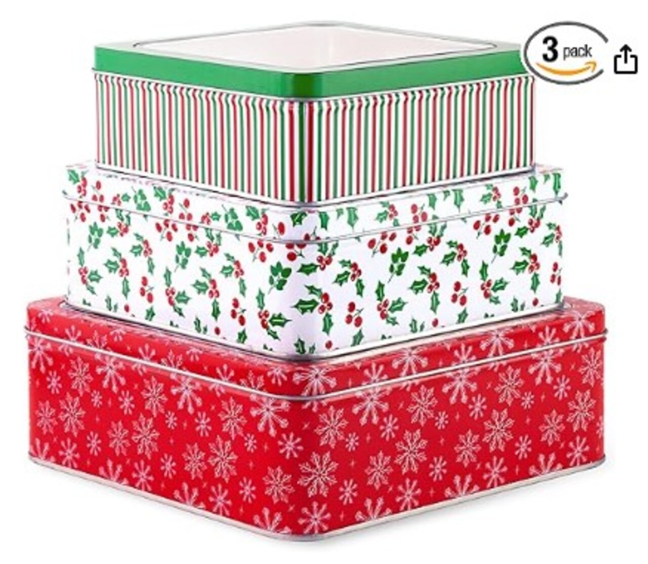 3 Pack Christmas Cookie Tins, Festive Cookie Tins for Gift Giving & Holiday Treats, Square Tin Containers with Lids, Snowflake Metal Box Nesting Containers, Large Medium Small